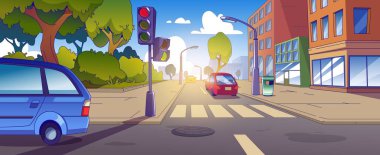 Şehir merkezinde yüksek binalar, kaldırımlar, trafik ışıkları ve zebra yaya geçidi olan yol boyunca arabalar sürüyor. Karikatür vektör illüstrasyon şehir yaz manzarası yolda araçlar ile