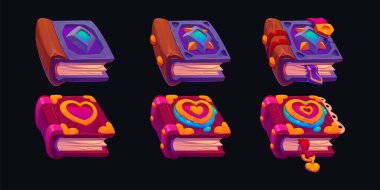 Sert kapaklı ve parşömenli sihirli kitap - oyun seviyesi ui varlıkları. Gui tasarımı için mücevherlerle süslenmiş antik fantezi kağıt kitabının evrim evrelerinin çizgi film setleri. Kütüphane ögesinin basamakları büyüyor.