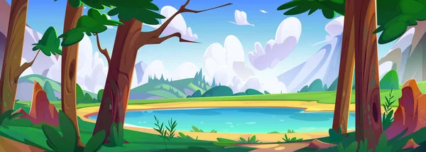 Blue lake in green mountain valley. Vector cartoon illustration of forest trees near water, grass and bushes on hills, sunny sky with clouds, beautiful scenery for recreation, spring nature landscape