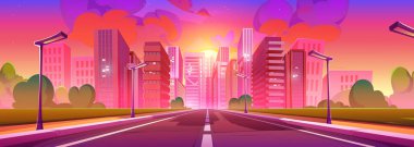 Gündoğumunda modern şehir otoyolu. Kentsel yol perspektifinin vektör çizimi, pembe ve mor şafakta doğan güneş gökyüzü yıldızlar, ofis ve konut gökdeleni binaları, şehir manzarası