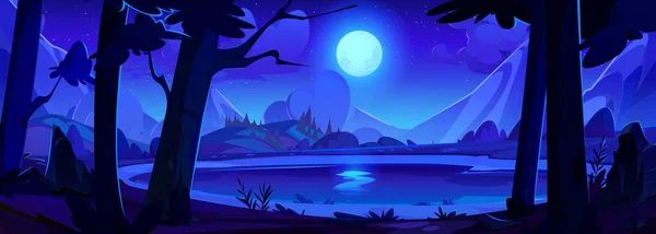 Мультфильм Ночной Темный Пейзаж Озером Лесу Подножия Горы Лунным Светом — стоковый вектор