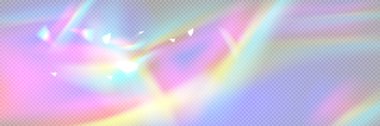 Şeffaf kaplama efektli parlak bir arka plan. Kristal veya prizma gökkuşağı hologram ışığının kırılma yoluyla gerçekçi vektör çizimi. Kıvılcımlı soyut cam güneş yansıması.