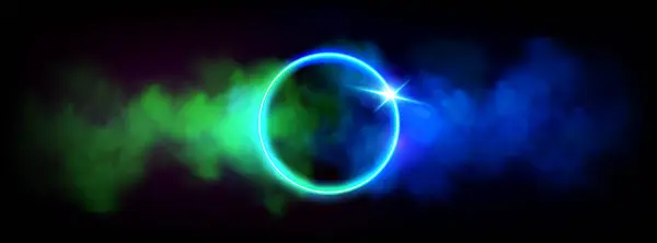 青と緑の勾配雲または煙と輝くネオン明るいリングフレーム 現実的なベクトルは暗い背景の輝く霧が付いているライト サークルを導きました 魔法の未来的なサルトリアルゲームポータル — ストックベクタ