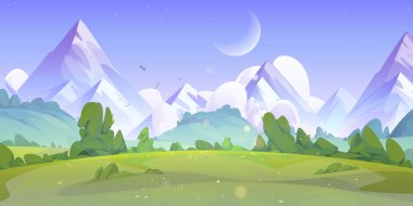 Akşam ya da sabah dağların eteklerinde yeşil çimenli çayır. Karikatür yaz vektör manzarası, tarla ve ağaçlar, kayalık tepeler ve şafak vakti mavi yıldızlı gökyüzünde kaybolan hilal ay..