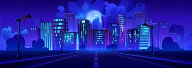 Modern gökdelenleri ve otoyol perspektifi olan bir gece şehri. Neon pencereli karanlık kasabanın vektör çizimi, yol boyunca sokak ışıkları, yüksek binalar, yıldızlı gökyüzünde ay ve bulutlar