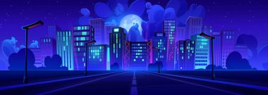 Night city with modern skyscrapers and highway perspective. Vector cartoon illustration of dark town with neon windows, street lights along road, high-rise buildings, moon and clouds in starry sky clipart