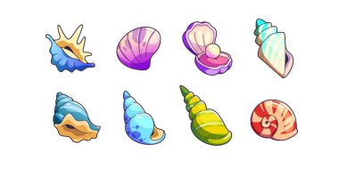 Deniz kabuğu ve gemi oyun varlıkları ayarlandı. Rpg gui tasarımı için tatlı deniz kabuğu karikatür vektör illüstrasyon koleksiyonu. Renkli deniz veya akvaryum boynuzlu, spiral ve deniz tarağı kabuklu.
