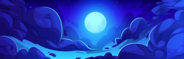 Gece gökyüzünde parlayan dolunay. Anime stilinin vektör çizimi gece yarısı bulutları karanlıkta parlayan yıldızlar, uzayda parlak ay ışığı, gizemli gece vakti, gökyüzü arkaplanı