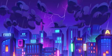 Şehir merkezi geceleri bulutlu, yağmurlu ve şimşekli kasvetli gökdelenler altında modern neon parlayan gökdelenler. Yüksek mimarili karikatür siber yağmurlu şehir manzarası.