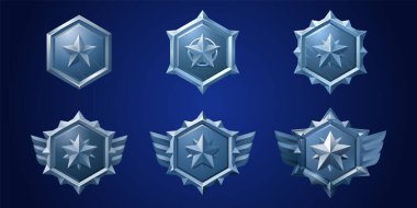 Yıldız madalyalı altıgen metalik rozet ve oyun seviyesi gelişimi için dekorasyon. Ortaçağ gümüş veya çelik kupa madalyası veya ambleminin çeşitli evrim aşamalarının çizgi film vektör çizimi.