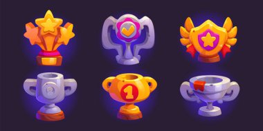 Game award goblet and trophy cup for gui design. Cartoon vector illustration set of silver and golden winner prize with ribbons, wings and star. Championship or competition achievement prize.