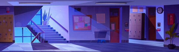 Empty school hallway at night in moonlight. Cartoon vector dark corridor interior with stairs and window, classroom entrance and lockers, noticeboard and bell, clock and fire safety kit on walls.