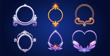 Decorative metallic frame for game ui avatar or menu banner design. Golden silver round and heart shape border with curling edges and gemstones. Cartoon vector illustration set of medieval framework.