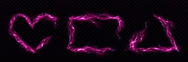 Pink frames made of glowing neon lightning. Realistic vector set of rectangle, triangle and heart shape borders from thunder bolts. Magic electric energy power framework on dark transparent background