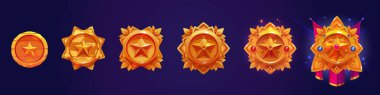 Red round shape badge with star, golden frame, gemstones and crown decorations for game level rank progress ui design. Cartoon vector set of evolution stages of royal trophy medal or emblem.