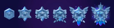 Hexagon shape badge with star, various stages of decorations evolution for game level rank ui design. Cartoon vector illustration set metal trophy medal or emblem with gemstones and drapery progress.