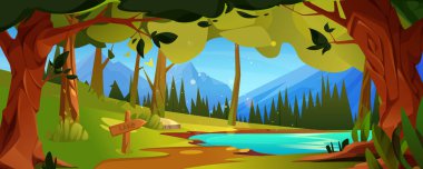 Ağaçlarda yeşil yapraklar, göle işaret eden tahta oklu toprak yolu olan yaz doğal orman manzarası. Güneşli bahar mevsimi manzarasının karikatür vektörü Gölde su ve kıyıda orman.
