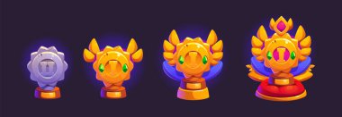 Arka planda izole edilmiş oyun şampiyonları sıralaması kupaları. Altın ve gümüş kadehlerin ahşap üzerinde tasvir edilmiş vektör karikatür tasarımı değerli taşlarla süslenmiştir, başarı ödülü, başarı başarısı