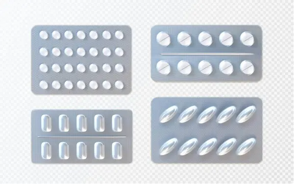 Pills Capsules Foil Blister Pack Mockup Realistic Vector Illustration Set — Stock Vector