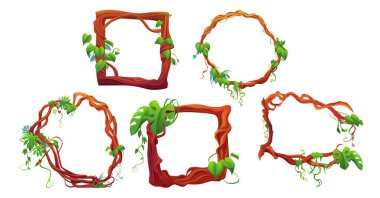 Oyun için dikdörtgen ve daire şeklinde şekillenmiş yapraklar ve çiçeklerle sarmaşıklar sürünüyor. Yağmur ormanları bitki dallarından oluşan karikatür vektör kümesi..