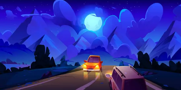 牧草地の真ん中にあるアスファルト道路では 茂みと木々が夜に山につながっています 夕暮れに向かって運転するヘッドライト付きの2台の車 月の光の下の漫画の暗い風景 — ストックベクタ