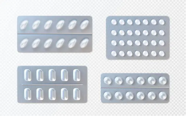Pills Capsules Foil Blister Pack Mockup Realistic Vector Illustration Set — Stock Vector