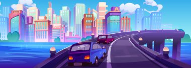Nehir köprüsündeki arabalar şehir planına karşı. Modern gökdelenlerin ve şehir binalarının vektör karikatür çizimi, otomobiller su üzerinde üstgeçit yolu, yeşil ağaçlar, bulutlu mavi güneşli gökyüzü