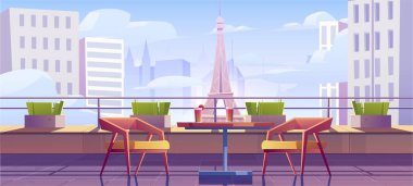 Büyük balkondan ya da çatıdan Eyfel kulesi manzaralı. Masasında cam kokteyl ve birkaç sandalye var. Paris 'te romantik tatilin karikatür vektör çizimi. Ünlü manzaralı Fransız kafe terası..
