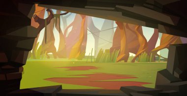 Ağaç gövdeleri ve çayırdaki yeşil çimlerle ormanın içindeki mağaranın görüntüsü. Mağaraya giriş deliği olan karikatür vektör yaz manzarası. Orman ormanının dışındaki mağara tünelinden çıkış.