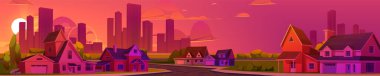 Şehir caddesi, günbatımı arka planına karşı. Yeşil çimenler, modern gökdelenler, pembe ve turuncu gökyüzü, ufukta güneş, alacakaranlık şehir manzaralı kırsal kesimdeki rahat kır evlerinin vektör çizimi
