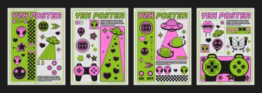 Y2k poster design with retro elements of alien face and ufo, gamepad and smileys, heart and star shapes. Vector set of retro 2000s aesthetic style banner or cover with vintage images and text. clipart