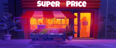 Grocery store at night with lamp light from big glass windows and door, tent and plant in pot, vegetables and fruits in wooden crate on sidewalk. Cartoon vector dark dusk facade of food market. clipart