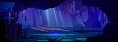 Ay ışığı altında bataklık olan karanlık gece ormanı içerideki mağaranın görüntüsü. Göl yüzeyinde nilüfer çiçekleri, kıyıda ağaç gövdeleri ve ay ışığı huzmeleri olan karikatür karanlığı. Mağaradan çıkış deliği.