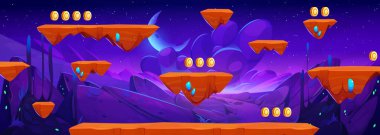 Yüzen platformlu uzay macera oyunu haritası. Yabancı gezegen kayalık manzarasının vektör çizimi, taşlardaki altın paralar, puan noktaları, yıldızlar ve karanlık gökyüzünde parlayan ay.