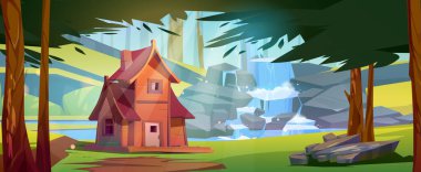 Nehir kıyısında şelaleli ahşap bir ev. Karikatür vektör yaz manzarası ahşap kulübe veya nehir kenarındaki kulübe, su akışı ve büyük kayalar, yeşil ağaçlar ve çimenler üzerine dökülüyor.