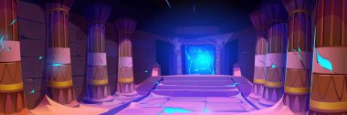 Egyptian corridor with columns, stairs and neon glowing magic portal with vortex. Cartoon vector illustration of ancient archeology pharaoh pyramid room interior with pillars and fantasy entrance. clipart