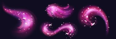 Pink fragrance wind swirl with glowing smoke and cherry or sakura tree flower petals. Realistic vector illustration set of abstract air spray or splash of bright neon mist. Floral flavored breeze.