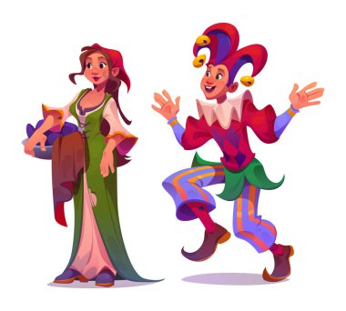 Medieval peasant maid and male jester characters isolated on white background. Vector cartoon illustration of young woman with laundry wearing poor dirty dress, comic joker jumping in colorful costume clipart