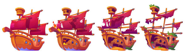 Разрушенный деревянный набор анимации корабля изолирован на белом фоне. Векторная карикатура на старую парусную лодку с порванными алыми парусами, сломанное дно, доска, покрытая водорослями, лист спрайтов кораблекрушения
