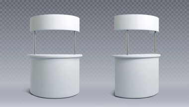 Reklamcılık ve reklam beyaz standı tabelasıyla birlikte. Ürün sunumu ve sergisi için boş taşınabilir kiosk gerçekçi vektör illüstrasyon seti. Boş perakende ticaret ve tanıtımcı tezgahı.