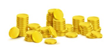 Farklı boyutlarda nakit para yığınına sahip altın para yığını gerçekçi üç boyutlu vektör illüstrasyon seti. Parlak, basit, altın para yığını - finansal zenginlik, kâr ve mevduat konsepti. Oyun hazine simgesi.