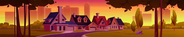 Suburban landscape at sunset or sunrise. Morning or evening cartoon vector cityscape with countryside house on street with yards and trees, road and driveway. Urban panoramic suburb scenery.