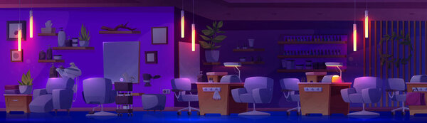 Empty dark beauty salon interior at night with light from lamps, hair cut and styling equipment, manicure specialist workplace. Cartoon room inside with armchair, mirror, sink and cosmetics on shelf.