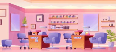 Manikür servisi olan manikür stüdyosu ya da güzellik salonu. Manikürcü iş yerinin karikatür vektörü - lambalı, paletli ve teçhizatlı sandalyeler, rafta tırnak cilası kavanozları, büyük ayna.