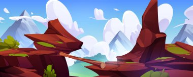 Kaya uçurumunun iki ucu arasında köprü olarak kullanılan tahta kütük. Karikatür vektör yaz manzarası yüksek boşlukta tehlikeli bir yol. Güneşli bir günde dipsiz kuyunun kenarlarında köprü oluşturun..