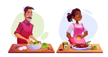 Yemek pişirme süreci - kadın ve erkeğin lezzetli sağlıklı yemekler hazırladığı karikatür vektör çizimi. İnsanlar salata ve et yapmayı gösteriyor. Mutfak video blogu ya da restoran işi.