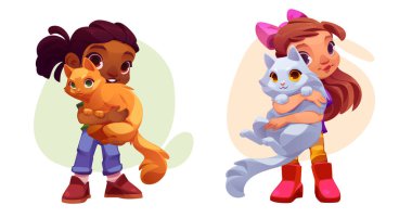 Kediyi kucaklayan kız çocuğu. Kabarık tüylü evcil hayvanıyla ilgilenen dişi çocuğun çizgi film çizimi. Sahibi ve kedisi arasındaki sevgi ve arkadaşlık. Mutlu bebek ayağa kalk ve sevimli evcil hayvanı kucakla..