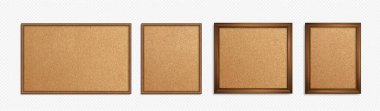 Mantar desenli ve ahşap çerçeveli gerçekçi bir iğne tahtası. İlan ve bildiriye boş ilan arkaplanı. Duyuru ve ileti eklentisi için kahverengi boş pano vektör kümesi.