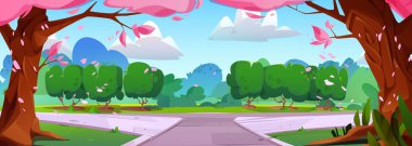 Yolları, pembe çiçekli ağaçları ve yeşil çimenleri olan şehir parkı. Karikatür taşıyıcısı, bahar sezonu, bahçesinde yol olan şehir manzarası. Parkland yolu ile panoramik güneşli bir gün manzarası.