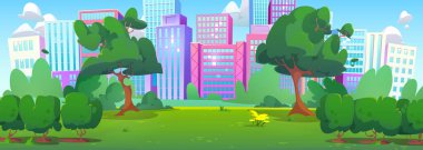 Yüksek binaların arka planında yeşil ağaçlar, çalılar, çimenler ve çiçekler olan şehir parkı. Karikatür yaz ya da bahar manzarası güneşli bir günde şehir merkezinde çayır olan bir halk bahçesi..